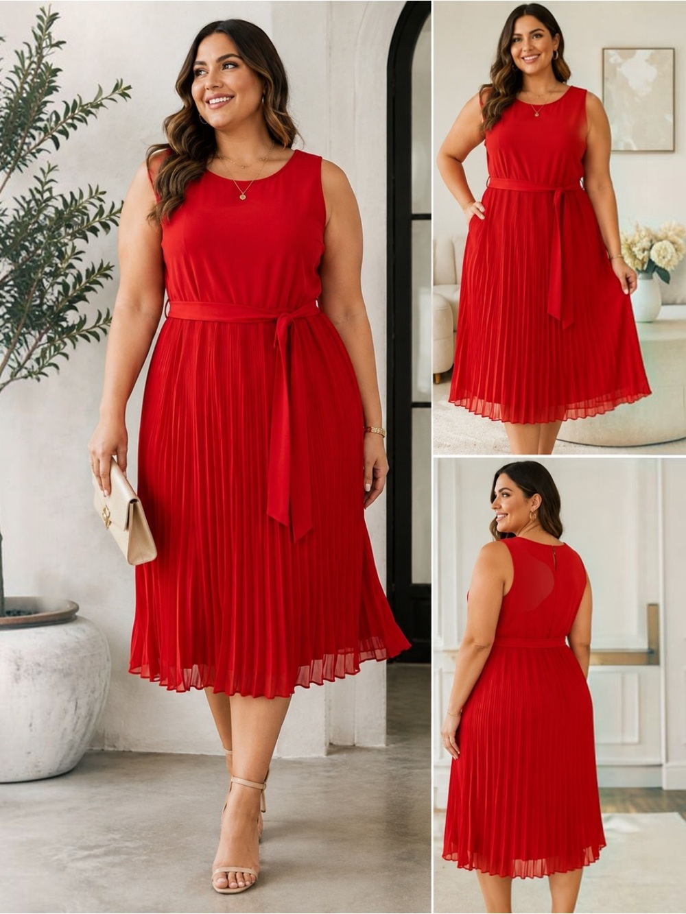 Lane Bryant Red Pleated Midi Dress 18/20 Plus Size Sleeveless Tie Waist
